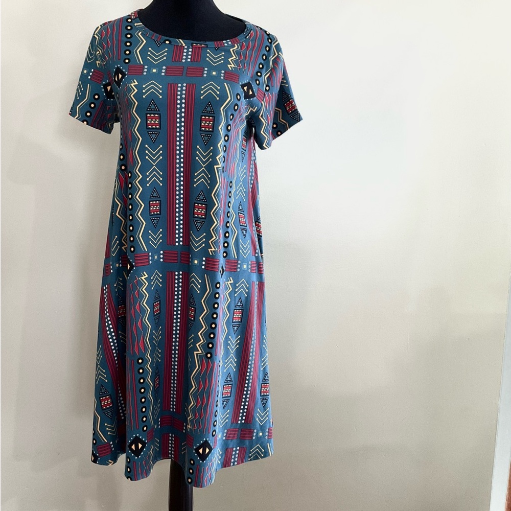 LuLaRoe Geometric Blue and Red Midi‎ Dress